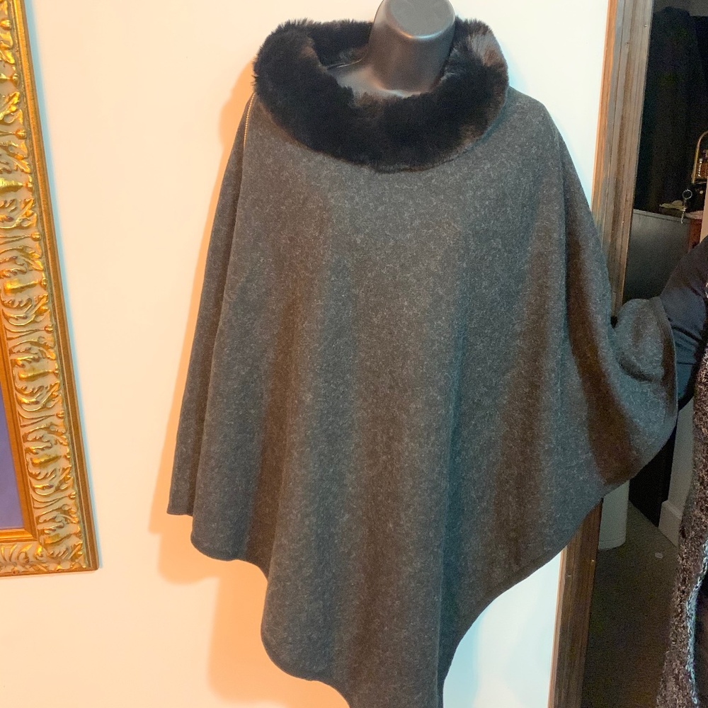 Side Zippered Poncho with Faux Collar